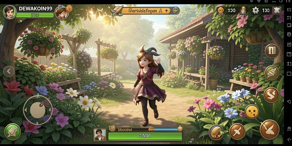 Screenshot gameplay DEWAKOIN99 yang menampilkan kebun yang subur dan penuh aktivitas.