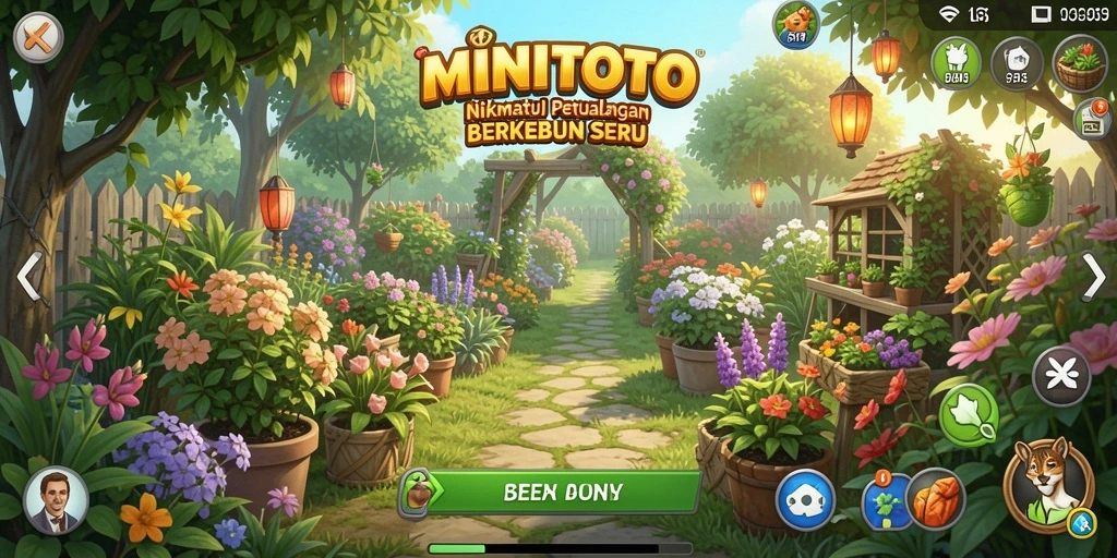 Screenshot gameplay MINITOTO menampilkan kebun yang indah dengan tanaman yang siap dipanen.