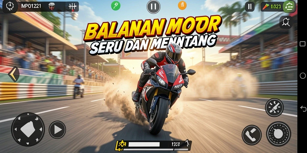 Gameplay seru dengan motor balap cepat dan trek menantang.