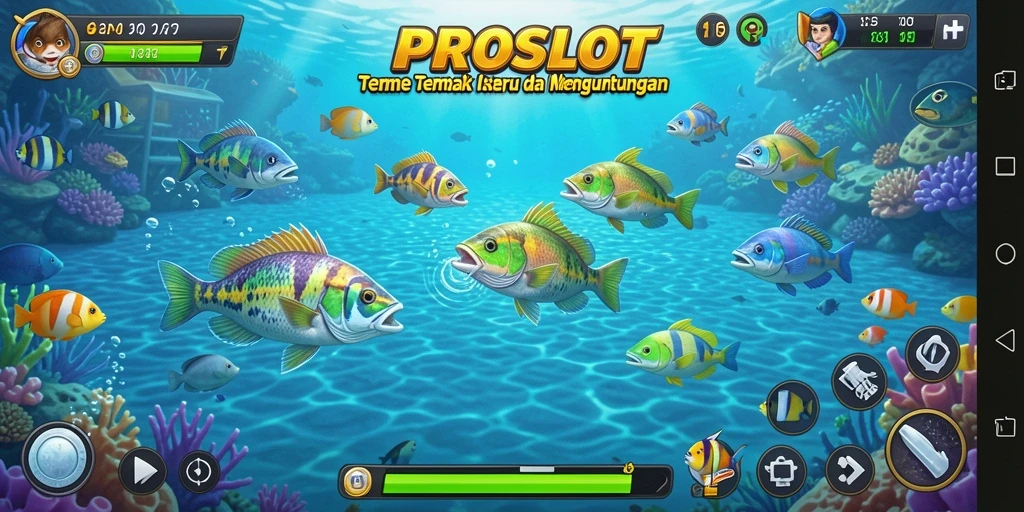 Tampilan gameplay seru dari PROSLOT yang penuh dengan ikan berwarna-warni.